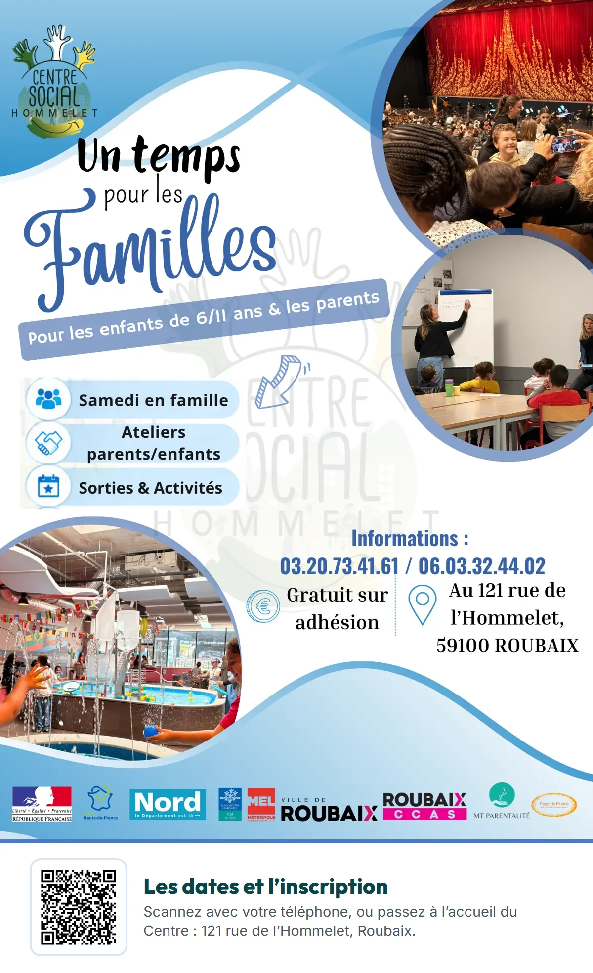 Affiche « Un temps pour les familles » : samedi en famille, ateliers parents-enfants, sorties et activités, pour les enfants de 6 à 11 ans et leurs parents