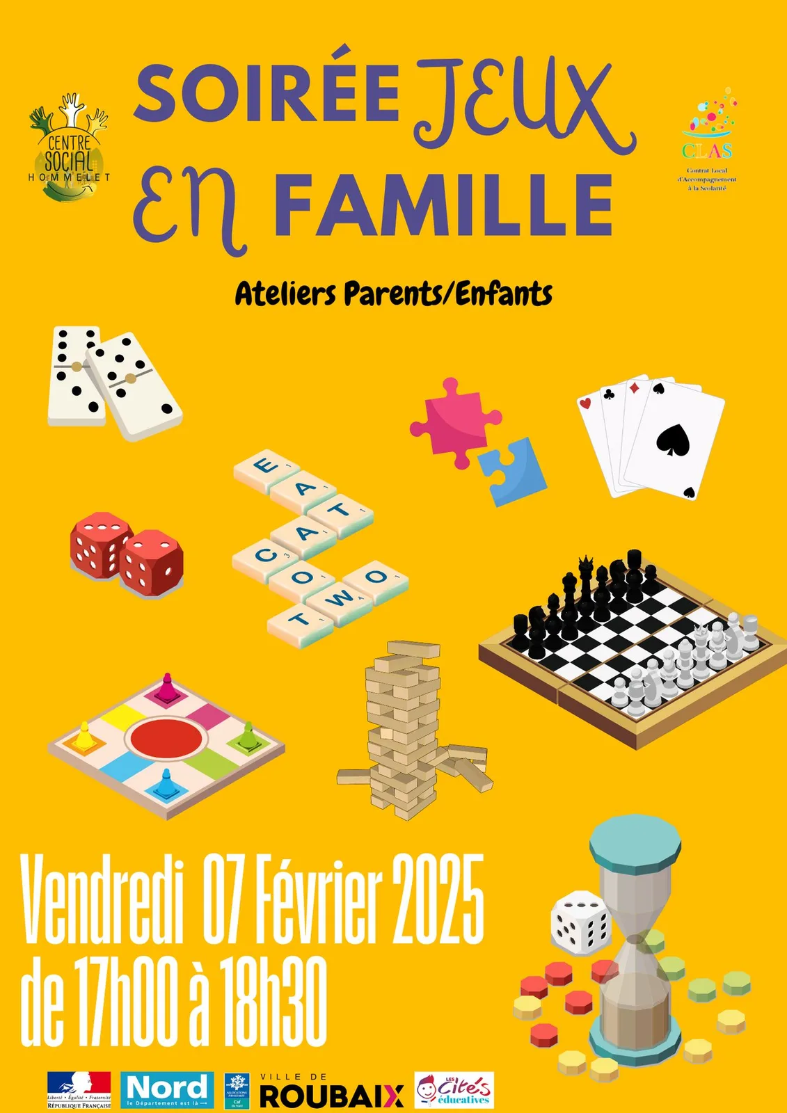 Familles jouant ensemble lors de la soirée jeux du 7 février 2025